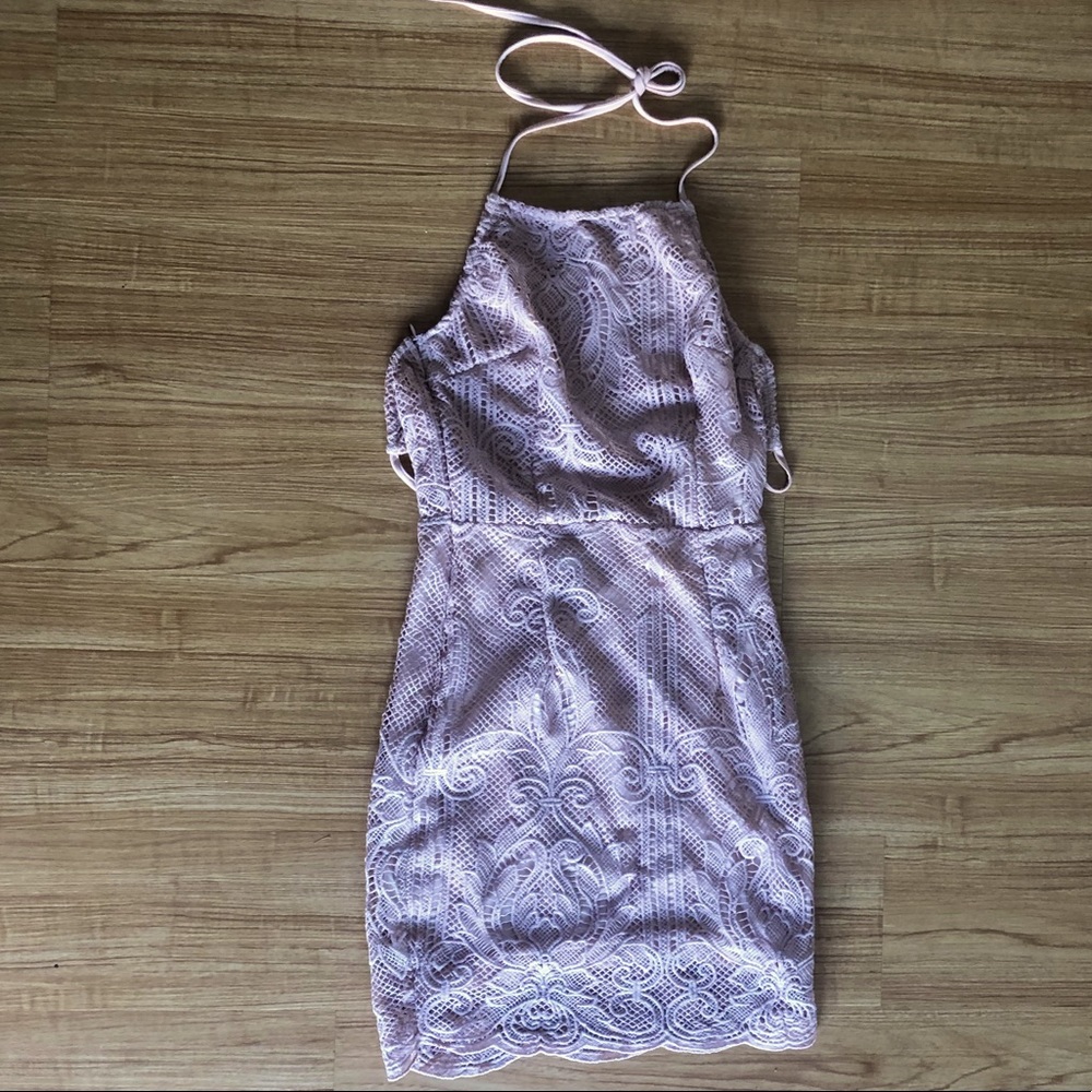 Pastel/Pale Pink Backless Lace Fitted Short Dress